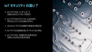 IoT セキュリティ の違い？
→ IoT デバイスは ‘ユーザーレス’ で
自動化されたワークロードを実行
→ IoT デバイスのプラットフォームは多様で、
老朽化したインフラとの統合が多い
→ 多くの IoT デバイスは機能や接続性が限定的
→ IoT デバイスは価値の高いターゲットになり得る
→ IoT デバイスは、物理的または局所的な
攻撃にさらされる可能性がある
 