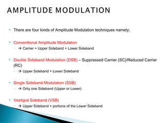  There are four kinds of Amplitude Modulation techniques namely;
 Conventional Amplitude Modulation
◦  Carrier + Upper Sideband + Lower Sideband
 Double Sideband Modulation (DSB) – Suppressed Carrier (SC)/Reduced Carrier
(RC)
◦  Upper Sideband + Lower Sideband
 Single Sideband Modulation (SSB)
◦  Only one Sideband (Upper or Lower)
 Vestigial Sideband (VSB)
◦  Upper Sideband + portions of the Lower Sideband
 