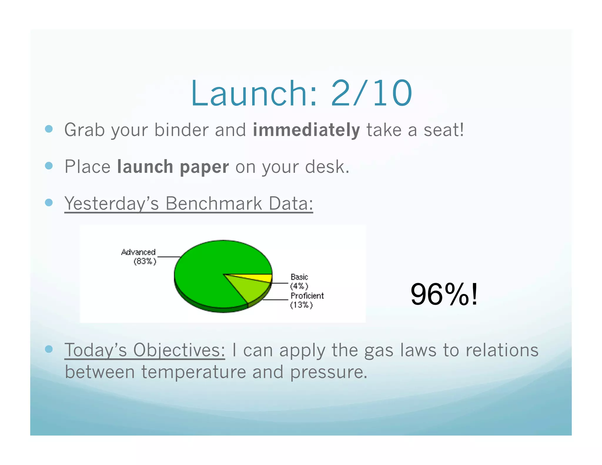 Launch: 2/10
  Grab your binder and immediately take a seat!
  Place launch paper on your desk.
  Yesterday’s Benchmark Data:



                                            96%!
  Today’s Objectives: I can apply the gas laws to relations
  between temperature and pressure.
 