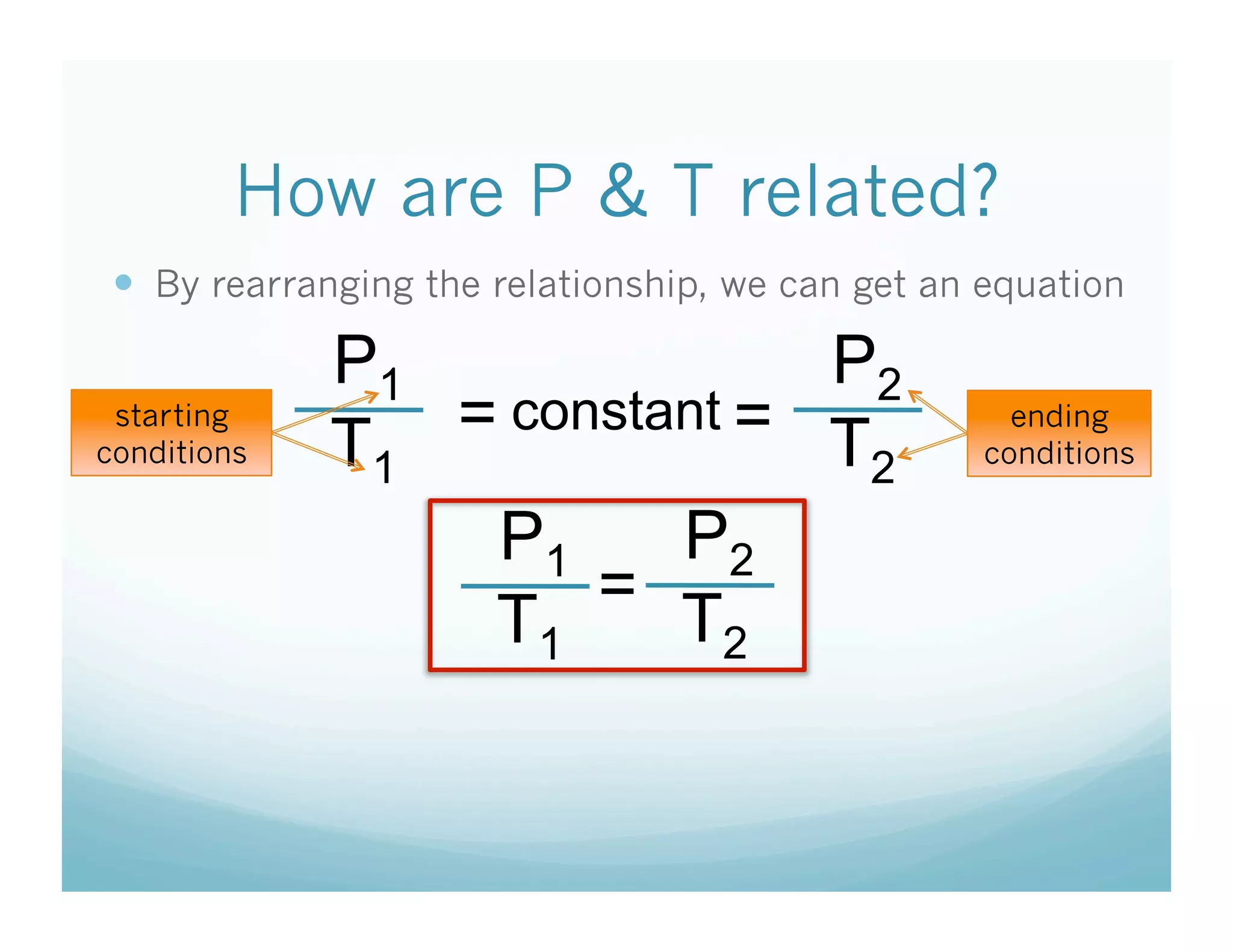 How are P & T related?
   By rearranging the relationship, we can get an equation

             P1              P2
 starting
conditions   T1 = constant = T                      ending
                                                  conditions
                              2
                 P1     P2
                     =
                 T1     T2
 