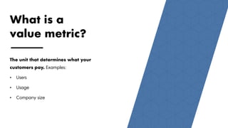 The unit that determines what your
customers pay. Examples:
• Users
• Usage
• Company size
22
What is a
value metric?
2222
 