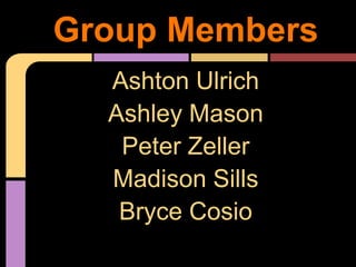 Ashton Ulrich
Ashley Mason
Peter Zeller
Madison Sills
Bryce Cosio
Group Members
 