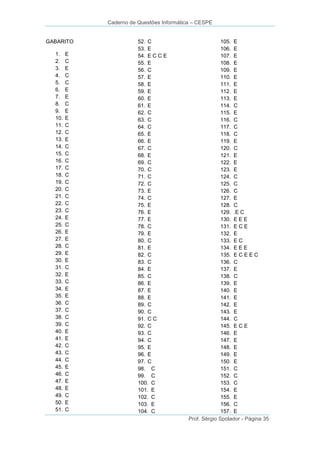 Caderno de Questões Informática – CESPE

GABARITO
1.
2.
3.
4.
5.
6.
7.
8.
9.
10.
11.
12.
13.
14.
15.
16.
17.
18.
19.
20.
21.
22.
23.
24.
25.
26.
27.
28.
29.
30.
31.
32.
33.
34.
35.
36.
37.
38.
39.
40.
41.
42.
43.
44.
45.
46.
47.
48.
49.
50.
51.

E
C
E
C
C
E
E
C
E
E
C
C
E
C
C
C
C
C
C
C
C
C
C
E
C
E
E
C
E
E
C
E
C
E
E
C
C
C
C
E
E
C
C
C
E
C
E
E
C
E
C

52. C
53. E
54. E C C E
55. E
56. C
57. E
58. E
59. E
60. E
61. E
62. C
63. C
64. C
65. E
66. E
67. C
68. E
69. C
70. C
71. C
72. C
73. E
74. C
75. E
76. E
77. E
78. C
79. E
80. C
81. E
82. C
83. C
84. E
85. C
86. E
87. E
88. E
89. C
90. C
91. C C
92. C
93. C
94. C
95. E
96. E
97. C
98. C
99. C
100. C
101. E
102. C
103. E
104. C

105. E
106. E
107. E
108. E
109. E
110. E
111. E
112. E
113. E
114. C
115. E
116. C
117. C
118. C
119. E
120. C
121. E
122. E
123. E
124. C
125. C
126. C
127. E
128. C
129. .E C
130. E E E
131. E C E
132. E
133. E C
134. E E E
135. E C E E C
136. C
137. E
138. C
139. E
140. E
141. E
142. E
143. E
144. C
145. E C E
146. E
147. E
148. E
149. E
150. E
151. C
152. C
153. C
154. E
155. E
156. C
157. E
Prof. Sérgio Spolador - Página 35

 