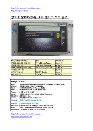 http://cafe.naver.com/embeddedcrazyboys
http://mangoboard.com



망고 210(S5PV210) 2 차 릴리즈 보드 공구




Mango210(S5PV210)              본체                         350,000 원
7" LCD(800*480)+연결보드           TFT LCD with Touch         80,000 원
카메라 모듈 보드                      1.3M, Auto Exposure        60,000 원
SDHC Card 4G(이미지포함)            회로도,이미지,소스 포함              25,000 원
아크릴(망고 210 용)                                             20,000 원
WiFi/BT 모듈 보드                  WiFi/BT Combo              50,000 원
GPS 모듈 보드                      12 채널                      30,000 원



Mango210 사양
CPU    : Samsung S5PV210 ARM Cortex A8 Processor (833Mhz/1GHz)
Memory : DDR2 512MB (16bit x 4:128MB)
Flash  : 256MB NAND Flash Memory(SLC)
LCD     : 7" TFT LCD with Touch (800 x 480)
Touch   : 저항식 터치 스크린
Serial : RS232 - 2ch (1 Port D-Sub, 1 Port Connector)
SD/MMC : SD/MMC - 2ch
Audio    : WM8960 I2S/I2C Audio Codec
Camera    : 1.3M Pixel AF Camera (옵션)

WiFi/BT : Combo module 보드(옵션)
Ethernet : SMSC LAN9220 100Mbps Ethernet Controller
USB       : USB 2.0 EHCI Host - 1ch / USB 2.0 OTG - 1Ch
Multimedia : HDMI v1.3(1080p Full HD) Output

http://cafe.naver.com/embeddedcrazyboys
http://www.mangoboard.com
 