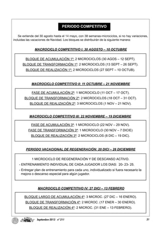 31Septiembre-2013 nº 211
Se extiende del 30 agosto hasta el 14 mayo, con 38 semanas-microciclos, si no hay variaciones,
incluidas las vacaciones de Navidad. Los bloques se distribuirán de la siguiente manera:
PERIODO COMPETITIVO
MACROCICLO COMPETITIVO I: 30 AGOSTO – 10 OCTUBRE
BLOQUE DE ACUMULACIÓN 1º: 2 MICROCICLOS (30 AGOS – 12 SEPT).
BLOQUE DE TRANSFORMACIÓN 1º: 2 MICROCICLOS (13 SEPT – 26 SEPT).
BLOQUE DE REALIZACIÓN 1º: 2 MICROCICLOS (27 SEPT – 10 OCTUB).
MACROCICLO COMPETITIVO II: 11 OCTUBRE – 21 NOVIEMBRE
FASE DE ACUMULACIÓN 2ª: 1 MICROCICLO (11 OCT – 17 OCT).
BLOQUE DE TRANSFORMACIÓN 2º: 2 MICROCICLOS (18 OCT – 31 OCT).
BLOQUE DE REALIZACIÓN 2º: 3 MICROCICLOS (1 NOV – 21 NOV).
MACROCICLO COMPETITIVO III: 22 NOVIEMBRE – 19 DICIEMBRE
FASE DE ACUMULACIÓN 3ª: 1 MICROCICLO (22 NOV – 29 NOV).
FASE DE TRANSFORMACIÓN 3ª: 1 MICROCICLO (30 NOV – 7 DICIE)
BLOQUE DE REALIZACIÓN 3º: 2 MICROCICLOS (8 DIC – 19 DIC).
PERIODO VACACIONAL DE REGENERACIÓN: 20 DICI – 26 DICIEMBRE
1 MICROCICLO DE REGENERACIÓN Y DE DESCANSO ACTIVO.
- ENTRENAMIENTO INDIVIDUAL DE CADA JUGADOR LOS DIAS: 20- 23- 25.
- Entregar plan de entrenamiento para cada uno, individualizado si fuera necesario la
mejora o descanso especial para algún jugador.
MACROCICLO COMPETITIVO IV: 27 DICI – 13 FEBRERO
BLOQUE LARGO DE ACUMULACIÓN 4º: 3 MICROC. (27 DIC – 16 ENERO).
BLOQUE DE TRANSFORMACIÓN 4º: 2 MICROC. (17 ENER – 30 ENERO).
BLOQUE DE REALIZACIÓN 4º: 2 MICROC. (31 ENE – 13 FEBRERO).
 