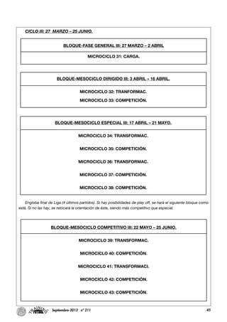 45Septiembre-2013 nº 211
CICLO III: 27 MARZO – 25 JUNIO.
Engloba final de Liga (4 últimos partidos). Si hay posibilidades de play off, se hará el siguiente bloque como
está. Si no las hay, se retocará la orientación de éste, siendo más competitivo que especial.
BLOQUE-FASE GENERAL III: 27 MARZO – 2 ABRIL
MICROCICLO 31: CARGA.
BLOQUE-MESOCICLO DIRIGIDO III: 3 ABRIL – 16 ABRIL.
MICROCICLO 32: TRANFORMAC.
MICROCICLO 33: COMPETICIÓN.
BLOQUE-MESOCICLO ESPECIAL III: 17 ABRIL – 21 MAYO.
MICROCICLO 34: TRANSFORMAC.
MICROCICLO 35: COMPETICIÓN.
MICROCICLO 36: TRANSFORMAC.
MICROCICLO 37: COMPETICIÓN.
MICROCICLO 38: COMPETICIÓN.
BLOQUE-MESOCICLO COMPETITIVO III: 22 MAYO – 25 JUNIO.
MICROCICLO 39: TRANSFORMAC.
MICROCICLO 40: COMPETICIÓN.
MICROCICLO 41: TRANSFORMACI.
MICROCICLO 42: COMPETICIÓN.
MICROCICLO 43: COMPETICIÓN.
 