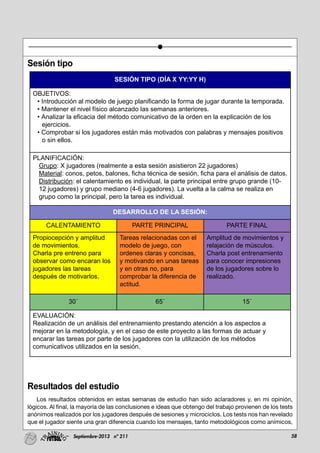 58Septiembre-2013 nº 211
Sesión tipo
Resultados del estudio
Los resultados obtenidos en estas semanas de estudio han sido aclaradores y, en mi opinión,
lógicos. Al final, la mayoría de las conclusiones e ideas que obtengo del trabajo provienen de los tests
anónimos realizados por los jugadores después de sesiones y microciclos. Los tests nos han revelado
que el jugador siente una gran diferencia cuando los mensajes, tanto metodológicos como anímicos,
SESIÓN TIPO (DÍA X YY:YY H)
OBJETIVOS:
• Introducción al modelo de juego planificando la forma de jugar durante la temporada.
• Mantener el nivel físico alcanzado las semanas anteriores.
• Analizar la eficacia del método comunicativo de la orden en la explicación de los
ejercicios.
• Comprobar si los jugadores están más motivados con palabras y mensajes positivos
o sin ellos.
PLANIFICACIÓN:
Grupo: X jugadores (realmente a esta sesión asistieron 22 jugadores)
Material: conos, petos, balones, ficha técnica de sesión, ficha para el análisis de datos.
Distribución: el calentamiento es individual, la parte principal entre grupo grande (10-
12 jugadores) y grupo mediano (4-6 jugadores). La vuelta a la calma se realiza en
grupo como la principal, pero la tarea es individual.
DESARROLLO DE LA SESIÓN:
CALENTAMIENTO PARTE PRINCIPAL PARTE FINAL
Propiocepción y amplitud
de movimientos.
Charla pre entreno para
observar como encaran los
jugadores las tareas
después de motivarlos.
Tareas relacionadas con el
modelo de juego, con
ordenes claras y concisas,
y motivando en unas tareas
y en otras no, para
comprobar la diferencia de
actitud.
Amplitud de movimientos y
relajación de músculos.
Charla post entrenamiento
para conocer impresiones
de los jugadores sobre lo
realizado.
30´ 65´ 15´
EVALUACIÓN:
Realización de un análisis del entrenamiento prestando atención a los aspectos a
mejorar en la metodología, y en el caso de este proyecto a las formas de actuar y
encarar las tareas por parte de los jugadores con la utilización de los métodos
comunicativos utilizados en la sesión.
 