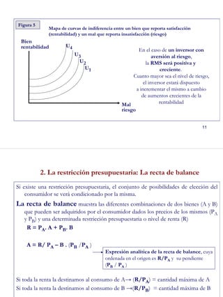 11
Mapa de curvas de indiferencia entre un bien que reporta satisfacción
(rentabilidad) y un mal que reporta insatisfacción (riesgo)
En el caso de un inversor con
aversión al riesgo,
la RMS será positiva y
creciente.
Cuanto mayor sea el nivel de riesgo,
el inversor estará dispuesto
a incrementar el mismo a cambio
de aumentos crecientes de la
rentabilidad
Bien
rentabilidad
Mal
riesgo
Figura 5
U1
U2
U3
U4
12
Si existe una restricción presupuestaria, el conjunto de posibilidades de elección del
consumidor se verá condicionado por la misma.
La recta de balance muestra las diferentes combinaciones de dos bienes (A y B)
que pueden ser adquiridos por el consumidor dados los precios de los mismos (PA
y PB) y una determinada restricción presupuestaria o nivel de renta (R)
R = PA. A + PB. B
A = R/ PA – B . (PB /PA )
Si toda la renta la destinamos al consumo de A→ (R/PA) = cantidad máxima de A
Si toda la renta la destinamos al consumo de B →(R/PB) = cantidad máxima de B
2. La restricción presupuestaria: La recta de balance
Expresión analítica de la recta de balance, cuya
ordenada en el origen es R/PA y su pendiente
(PB / PA )
 