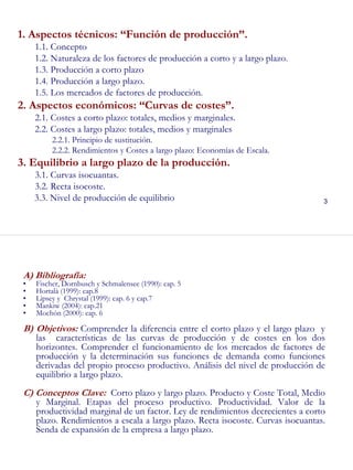 3
1. Aspectos técnicos: “Función de producción”.
1.1. Concepto
1.2. Naturaleza de los factores de producción a corto y a largo plazo.
1.3. Producción a corto plazo
1.4. Producción a largo plazo.
1.5. Los mercados de factores de producción.
2. Aspectos económicos: “Curvas de costes”.
2.1. Costes a corto plazo: totales, medios y marginales.
2.2. Costes a largo plazo: totales, medios y marginales
2.2.1. Principio de sustitución.
2.2.2. Rendimientos y Costes a largo plazo: Economías de Escala.
3. Equilibrio a largo plazo de la producción.
3.1. Curvas isocuantas.
3.2. Recta isocoste.
3.3. Nivel de producción de equilibrio
4
A) Bibliografía:
• Fischer, Dornbusch y Schmalensee (1990): cap. 5
• Hortalà (1999): cap.8
• Lipsey y Chrystal (1999): cap. 6 y cap.7
• Mankiw (2004): cap.21
• Mochón (2000): cap. 6
B) Objetivos: Comprender la diferencia entre el corto plazo y el largo plazo y
las características de las curvas de producción y de costes en los dos
horizontes. Comprender el funcionamiento de los mercados de factores de
producción y la determinación sus funciones de demanda como funciones
derivadas del propio proceso productivo. Análisis del nivel de producción de
equilibrio a largo plazo.
C) Conceptos Clave: Corto plazo y largo plazo. Producto y Coste Total, Medio
y Marginal. Etapas del proceso productivo. Productividad. Valor de la
productividad marginal de un factor. Ley de rendimientos decrecientes a corto
plazo. Rendimientos a escala a largo plazo. Recta isocoste. Curvas isocuantas.
Senda de expansión de la empresa a largo plazo.
 