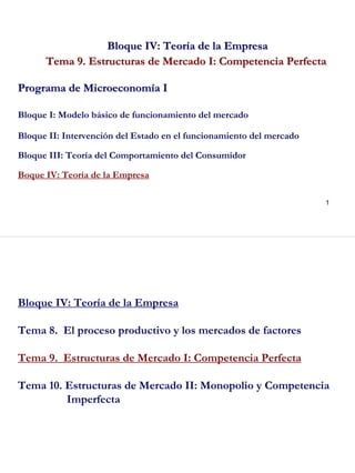 1
Bloque IV: TeorBloque IV: Teoríía de la Empresaa de la Empresa
Tema 9. Estructuras de Mercado I: Competencia PerfectaTema 9. Estructuras de Mercado I: Competencia Perfecta
Programa de MicroeconomPrograma de Microeconomíía Ia I
Bloque I: Modelo básico de funcionamiento del mercado
Bloque II: Intervención del Estado en el funcionamiento del mercado
Bloque III: Teoría del Comportamiento del Consumidor
Boque IV: Teoría de la Empresa
2
Bloque IV: Teoría de la Empresa
Tema 8. El proceso productivo y los mercados de factores
Tema 9. Estructuras de Mercado I: Competencia Perfecta
Tema 10. Estructuras de Mercado II: Monopolio y Competencia
Imperfecta
 