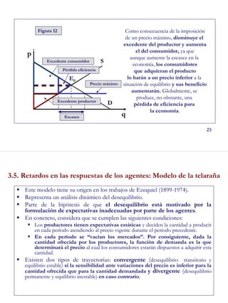 23
D
S
p
q
Excedente consumidor
Excedente productor
Escasez
Precio máximo
E0
Como consecuencia de la imposición
de un precio máximo, disminuye el
excedente del productor y aumenta
el del consumidor, ya que
aunque aumente la escasez en la
economía, los consumidores
que adquieran el producto
lo harán a un precio inferior a la
situación de equilibrio y sus beneficio
aumentarán. Globalmente, se
produce, no obstante, una
pérdida de eficiencia para
la economía.
Figura 12
Pérdida eficiencia
24
3.5. Retardos en las respuestas de los agentes: Modelo de la telaraña
Este modelo tiene su origen en los trabajos de Ezequiel (1899-1974).
Representa un análisis dinámico del desequilibrio.
Parte de la hipótesis de que el desequilibrio está motivado por la
formulación de expectativas inadecuadas por parte de los agentes.
En concreto, considera que se cumplen las siguientes condiciones:
Los productores tienen expectativas estáticas y deciden la cantidad a producir
en cada período atendiendo al precio vigente durante el período precedente.
En cada período se “vacían los mercados”. Por consiguiente, dada la
cantidad ofrecida por los productores, la función de demanda es la que
determinará el precio al cual los consumidores estarán dispuestos a adquirir esta
cantidad.
Existen dos tipos de trayectorias: convergente (desequilibrio transitorio y
equilibrio estable) si la sensibilidad ante variaciones del precio es inferior para la
cantidad ofrecida que para la cantidad demandada y divergente (desequilibrio
permanente y equilibrio inestable) en caso contrario.
 