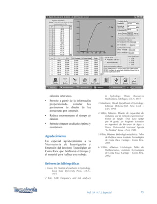 75Vol. 18 N.º 2 Especial
in hydrology. Water Resources
Publications, Michigan, U.S.A. 1977.
3 Maidment, David. Handbook of hydrology.
Editorial McGraw-Hill. New Cork –
USA. 1993.
4 Villón, Máximo. Diseño de capacidad de
embalses por el método experimental-
teoría de range. Tesis para optar
por el grado de Magíster Scientiae
en Ingeniería de Recursos de Agua y
Tierra. Universidad Nacional Agraria
“La Molina”. Lima – Perú, 1983.
5 Villón, Máximo. Hidrología estadística. Taller
de Publicaciones. Instituto Tecnológico
de Costa Rica. Cartago - Costa Rica.
2001.
6 Villón, Máximo. Hidrología. Taller de
Publicaciones. Instituto Tecnológico
de Costa Rica. Cartago – Costa Rica.
2002.
cálculos laboriosos.
•	 Permite a partir de la información
proporcionada, simular los
parámetros de diseño de las
estructuras por construir.
•	 Reduce enormemente el tiempo de
cálculo.
•	 Permite obtener un diseño óptimo y
económico.
Agradecimiento
Un especial agradecimiento a la
Vicerrectoría de Investigación y
Extensión del Instituto Tecnológico de
Costa Rica, que facilitaron el tiempo y
el material para realizar este trabajo.
Referencias bibliográficas
1 Haan, Ch. Statistical methods in hydrology.
Iowa State University Press, U.S.A.,
1977.
2 Kite, G.W. Frequency and risk analyses
 