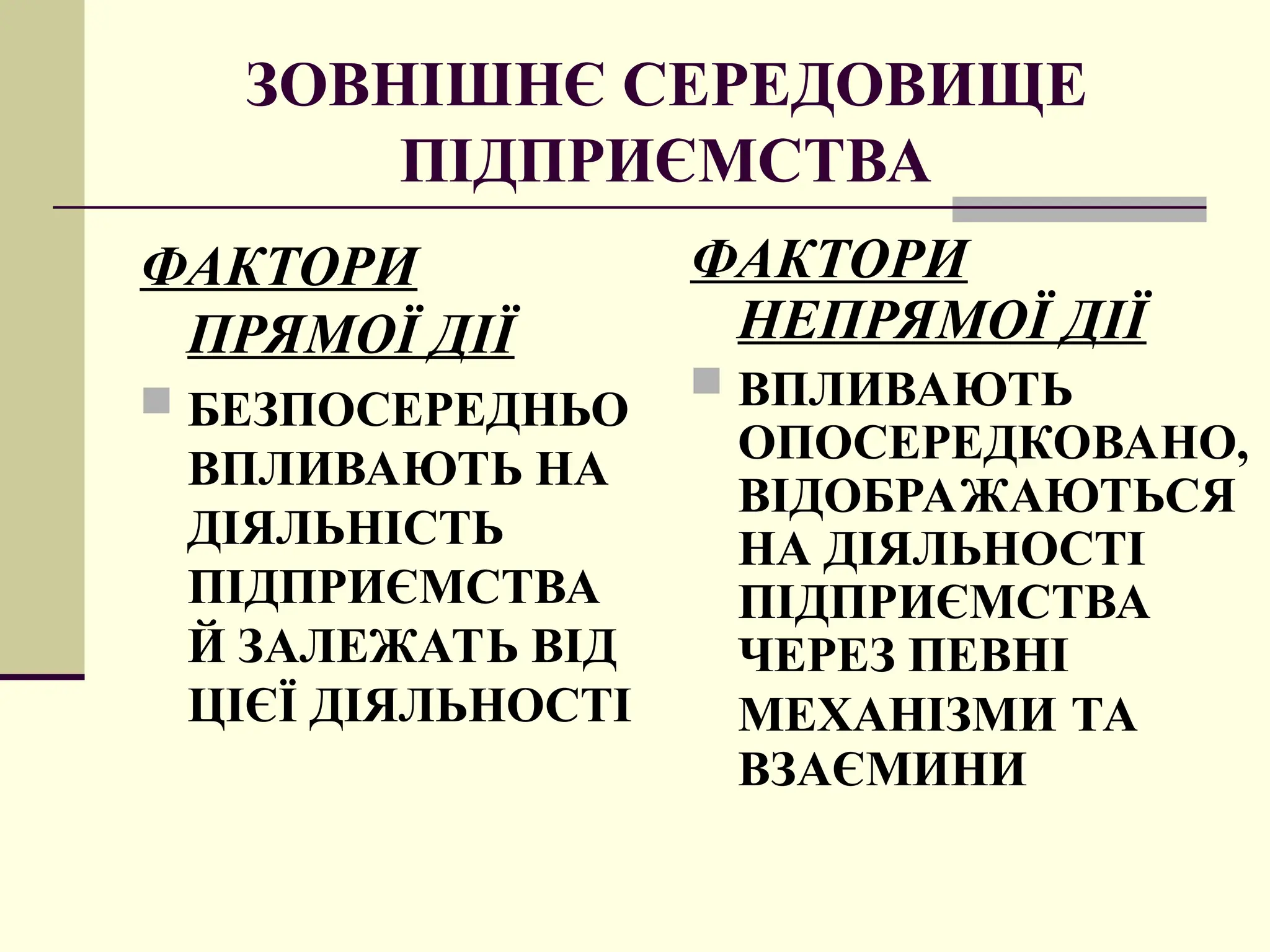 ЗОВНІШНЄ СЕРЕДОВИЩЕ
ПІДПРИЄМСТВА
ФАКТОРИ
ПРЯМОЇ ДІЇ
 БЕЗПОСЕРЕДНЬО
ВПЛИВАЮТЬ НА
ДІЯЛЬНІСТЬ
ПІДПРИЄМСТВА
Й ЗАЛЕЖАТЬ ВІД
ЦІЄЇ ДІЯЛЬНОСТІ
ФАКТОРИ
НЕПРЯМОЇ ДІЇ
 ВПЛИВАЮТЬ
ОПОСЕРЕДКОВАНО,
ВІДОБРАЖАЮТЬСЯ
НА ДІЯЛЬНОСТІ
ПІДПРИЄМСТВА
ЧЕРЕЗ ПЕВНІ
МЕХАНІЗМИ ТА
ВЗАЄМИНИ
 
