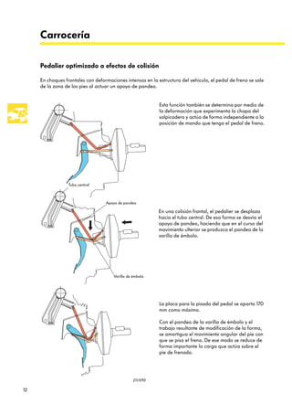 Carrocería

     Pedalier optimizado a efectos de colisión

     En choques frontales con deformaciones intensas en la estructura del vehículo, el pedal de freno se sale
     de la zona de los pies al actuar un apoyo de pandeo.


                                                            Esta función también se determina por medio de
                                                            la deformación que experimenta la chapa del
                                                            salpicadero y actúa de forma independiente a la
                                                            posición de mando que tenga el pedal de freno.




                  Tubo central



                                   Apoyo de pandeo

                                                            En una colisión frontal, el pedalier se desplaza
                                                            hacia el tubo central. De esa forma se desvía el
                                                            apoyo de pandeo, haciendo que en el curso del
                                                            movimiento ulterior se produzca el pandeo de la
                                                            varilla de émbolo.




                                       Varilla de émbolo




                                                            La placa para la pisada del pedal se aparta 170
                                                            mm como máximo.

                                                            Con el pandeo de la varilla de émbolo y el
                                                            trabajo resultante de modificación de la forma,
                                                            se amortigua el movimiento angular del pie con
                                                            que se pisa el freno. De ese modo se reduce de
                                                            forma importante la carga que actúa sobre el
                                                            pie de frenado.




                                                 211/093

12
 