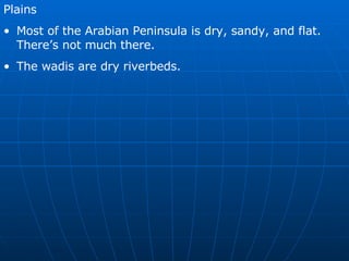 Plains Most of the Arabian Peninsula is dry, sandy, and flat.  There’s not much there. The wadis are dry riverbeds. 