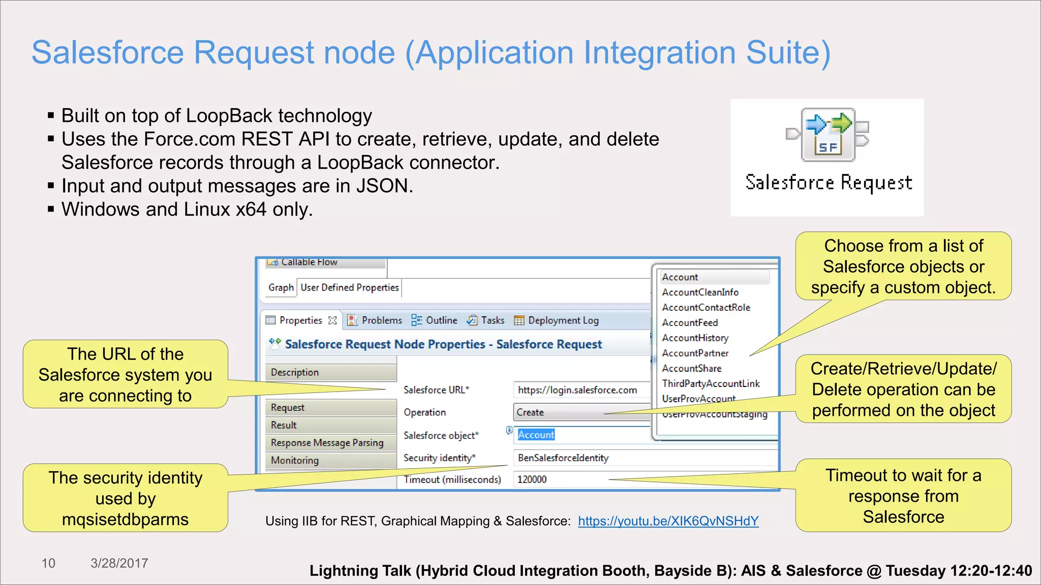 10 3/28/2017
Salesforce Request node (Application Integration Suite)
The URL of the
Salesforce system you
are connecting to
Create/Retrieve/Update/
Delete operation can be
performed on the object
Choose from a list of
Salesforce objects or
specify a custom object.
The security identity
used by
mqsisetdbparms
Timeout to wait for a
response from
Salesforce
 Built on top of LoopBack technology
 Uses the Force.com REST API to create, retrieve, update, and delete
Salesforce records through a LoopBack connector.
 Input and output messages are in JSON.
 Windows and Linux x64 only.
Using IIB for REST, Graphical Mapping & Salesforce: https://youtu.be/XIK6QvNSHdY
Lightning Talk (Hybrid Cloud Integration Booth, Bayside B): AIS & Salesforce @ Tuesday 12:20-12:40
 