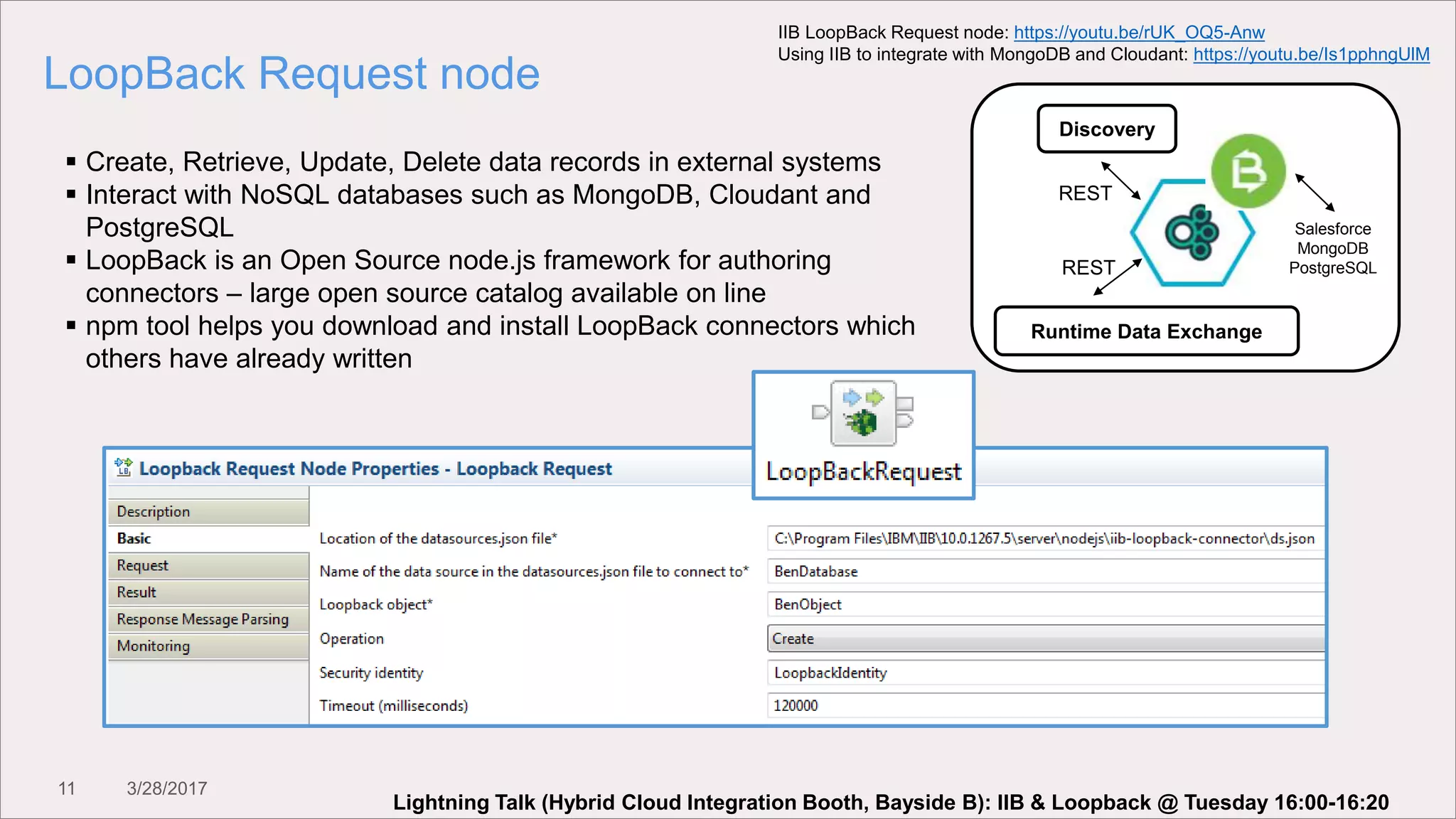 11 3/28/2017
LoopBack Request node
 Create, Retrieve, Update, Delete data records in external systems
 Interact with NoSQL databases such as MongoDB, Cloudant and
PostgreSQL
 LoopBack is an Open Source node.js framework for authoring
connectors – large open source catalog available on line
 npm tool helps you download and install LoopBack connectors which
others have already written
Salesforce
MongoDB
PostgreSQL
Discovery
Runtime Data Exchange
REST
REST
IIB LoopBack Request node: https://youtu.be/rUK_OQ5-Anw
Using IIB to integrate with MongoDB and Cloudant: https://youtu.be/Is1pphngUlM
Lightning Talk (Hybrid Cloud Integration Booth, Bayside B): IIB & Loopback @ Tuesday 16:00-16:20
 