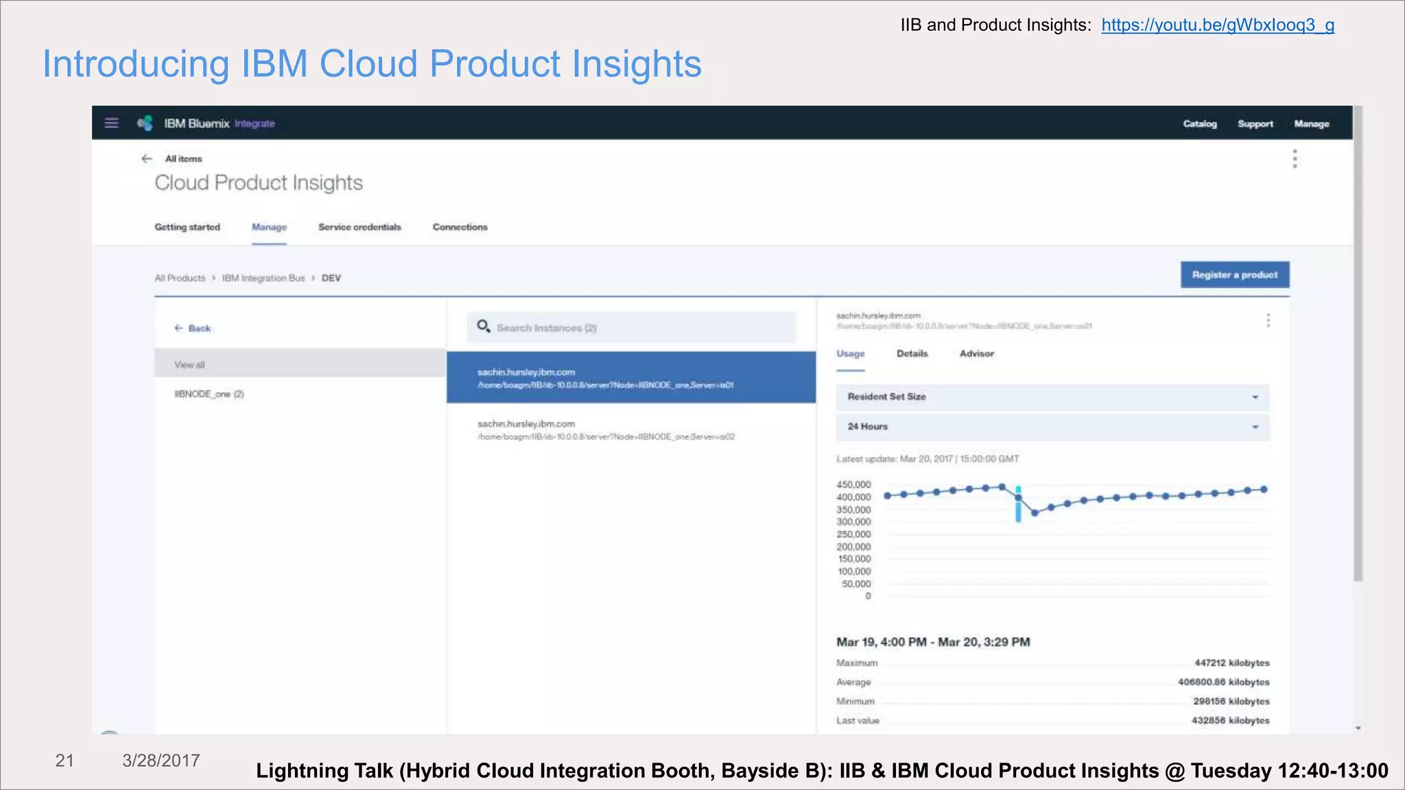 21 3/28/2017
Introducing IBM Cloud Product Insights
IIB and Product Insights: https://youtu.be/gWbxIooq3_g
Lightning Talk (Hybrid Cloud Integration Booth, Bayside B): IIB & IBM Cloud Product Insights @ Tuesday 12:40-13:00
 