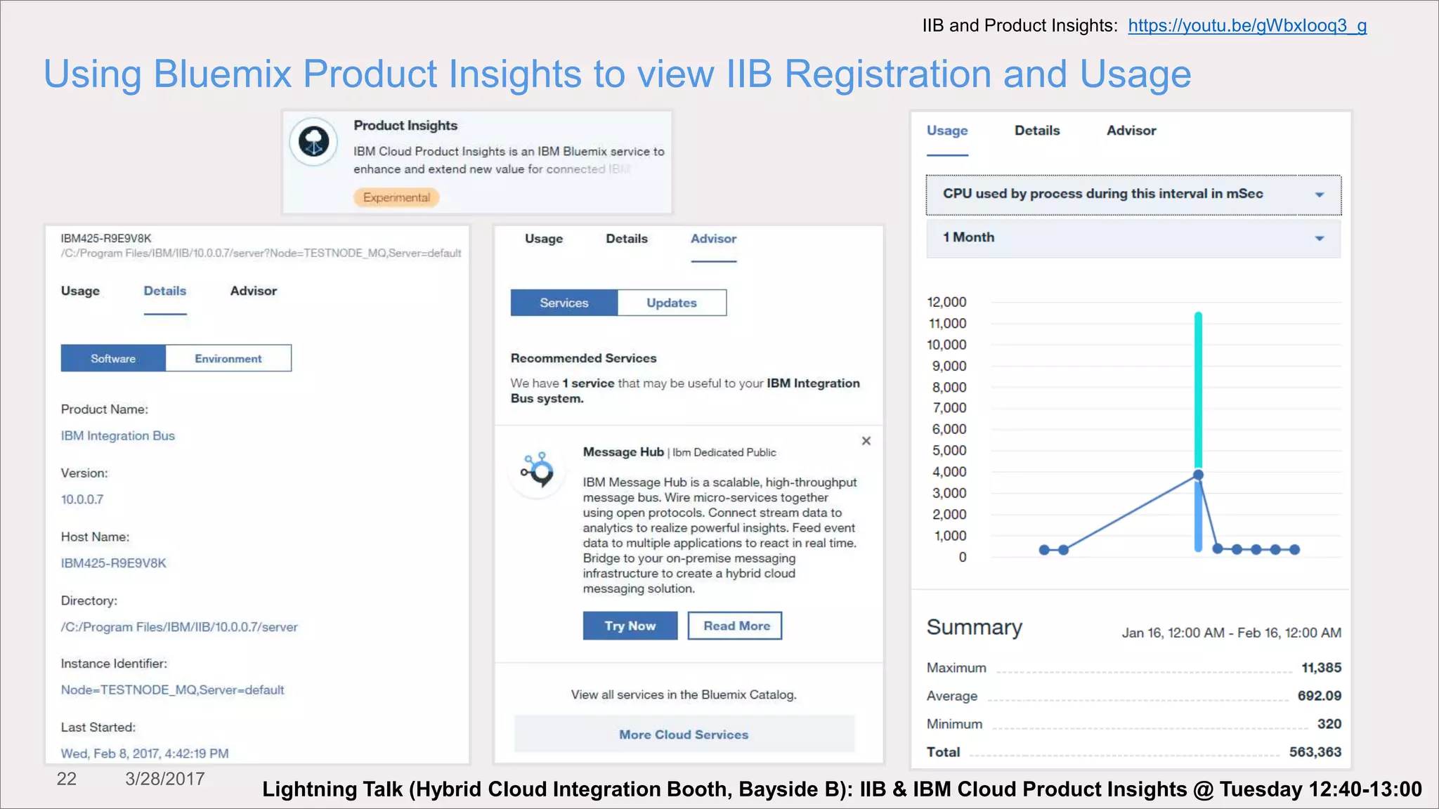 22 3/28/2017
Using Bluemix Product Insights to view IIB Registration and Usage
IIB and Product Insights: https://youtu.be/gWbxIooq3_g
Lightning Talk (Hybrid Cloud Integration Booth, Bayside B): IIB & IBM Cloud Product Insights @ Tuesday 12:40-13:00
 