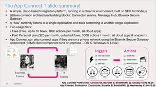 24 3/28/2017
The App Connect 1 slide summary!
 A simple, cloud-based integration platform, running in a Bluemix environment, built on SDK for Node.js
 Utilises common architectural building blocks: Connector service, Message Hub, Bluemix Secure
Gateway
 A “flow” currently listens to a single application and does something to another single application
 Two usage tiers:
• Free (Free, up to 10 flows, 1000 actions per month, all cloud apps)
• Paid Personal plan ($25 per month, unlimited flows, 5000 actions / month, all cloud apps & on-prem)
 App Connect can also connect apps if they are on a private network using the Bluemix Secure Gateway
component (35MB client component runs on-premise – OS X, Windows or Linux)
Triggers Actions
Business
Teams
IT
Teams
App Connect Profesional (Concourse, Bayside B, Booth#649) @ Tuesday 18:00-18:20
App Connect Profesional (Concourse, Bayside B, Booth#649) @ Wednesday 13:00-13:20
 