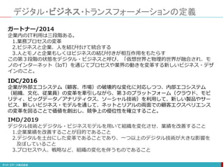 デジタル・ビジネス・トランスフォーメーションの定義
IDC/2016
企業が外部エコシステム（顧客、市場）の破壊的な変化に対応しつつ、内部エコシステム
（組織、文化、従業員）の変革を牽引しながら、第３のプラットフォーム（クラウド、モビ
リティ、ビッグデータ／アナリティクス、ソーシャル技術）を利用して、新しい製品やサー
ビス、新しいビジネス・モデルを通して、ネットとリアルの両面での顧客エクスペリエンス
の変革を図ることで価値を創出し、競争上の優位性を確立すること。
ガートナー/2014
企業内のIT利用は三段階ある。
1.業務プロセスの変革
2.ビジネスと企業、人を結び付けて統合する
3.人とモノと企業もしくはビジネスの結び付きが相互作用をもたらす
この第３段階の状態をデジタル・ビジネスと呼び、「仮想世界と物理的世界が融合され、モ
ノのインターネット（IoT）を通じてプロセスや業界の動きを変革する新しいビジネス・デザ
インのこと。
IMD/2019
デジタル技術とデジタル・ビジネスモデルを用いて組織を変化させ、業績を改善すること
1.企業業績を改善することが目的であること
2.デジタルを土台にした変革であることであり、一つ以上のデジタル技術が大きな影響を
及ぼしていること
3.プロセスや人、戦略など、組織の変化を伴うものであること
 