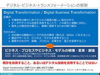 デジタル・ビジネス・トランスフォーメーションの解釈
企業が、
 不確実性の増大に伴うビジネス環境の厳しい変化の中で、
 データやデジタル技術を活用することで、この変化に俊敏に対応し
 競争上の優位性を確立し、業績に貢献するための取り組み
そのために、
 きめ細かな顧客のニーズや社会の期待（例えば、SDGs）に応えること
 製品やサービス、ビジネス・モデルを変革すること
 業務そのものや、組織、プロセス、企業文化・風土を変革すること
Digital Transformation / Digital Business Transformation
Digital Transformation をDTではなくDXと表記する理由
Transformationには上下を入れ替えるや、ものごとひっくり返すという意味があり、そのイメージを”X”で表現している。
既存を改善すること、あるいはデジタル技術を活用することではない
ビジネス・プロセスやビジネス・モデルの破壊・変革・創造
社内的：ビジネス・プロセスや働き方などの抜本的な変革
対外的：新たな顧客価値の創出、ビジネス・モデルの転換、新規事業分野への進出などのビジネスの変革
 