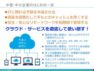 中堅・中小企業のはじめの一歩
ITに関わる予算を半減させる
資産を経費化して手もとのキャッシュを厚くする
安全・安心なリモートワークを短期間で実現する
クラウド・サービスを徹底して使い倒す！
 独自性の低い業務は、ほとんどがクラウド
で提供されている
会計／経理・人事／給与・販売／営業・EC／決済・
生産管理・オフィスなど
 独自性の高い業務は、クラウドにある部品
を組み合わせて作ることができる
 多くが従量課金なので、仕事量や従業員数
の変動に柔軟に対応できる
 セキュリティ対策の大半を任せられる
 自分たちでシステムを作るための道具が充
実している
うまい
やすい
はやい
 