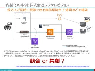 内製化の事例：株式会社フジテレビジョン
数万人が同時に視聴できる配信環境を 3 週間ほどで構築
AWS Elemental MediaStore と Amazon CloudFront は、CMAF-ULL の超低遅延配信に必要な技術と
大規模配信に対応し、それをマネージドサービスとしてすぐに利用できる環境や、配信規模に応じたス
ケーリング、障害発生時の切り替え対応などの煩雑な運用業務からの解放してくれた。
https://aws.amazon.com/jp/solutions/case-studies/fuji-tv/?fbclid=IwAR3bdoRp-sdBrOe_1I6JcALo5vHFzzO-tBTQ1wL4us1FLhcOIpzXax7bY3o
競合 or 共創？
 