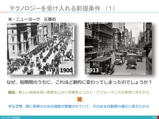 テクノロジーを受け入れる前提条件 （１）
200
1900 1913
米・ニューヨーク 五番街
なぜ、短期間のうちに、これほど劇的に変わってしまったのでしょうか？
製品：新しい技術を使い馬車をしのぐ利便性とコスト・パフォーマンスが実現できたから
インフラ：既に馬車のための道路が整備されていて、そのまま自動車の通行に使えたから
 