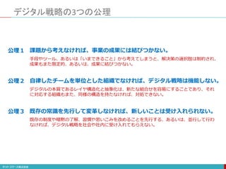 デジタル戦略の3つの公理
課題から考えなければ、事業の成果には結びつかない。
公理１
既存の常識を先行して変革しなければ、新しいことは受け入れられない。
公理２ 自律したチームを単位とした組織でなければ、デジタル戦略は機能しない。
公理３
手段やツール、あるいは「いまできること」から考えてしまうと、解決策の選択肢は制約され、
成果もまた限定的、あるいは、成果に結びつかない。
デジタルの本質であるレイヤ構造化と抽象化は、新たな組合せを容易にすることであり、それ
に対応する組織もまた、同様の構造を持たなければ、対処できない。
既存の制度や暗黙の了解、習慣や思いこみを改めることを先行する、あるいは、並行して行わ
なければ、デジタル戦略を社会や社内に受け入れてもらえない。
 