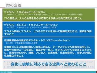 DXの定義
デジタル・トランスフォーメーション
2004年、スウェーデンのウメオ大学教授であるエリック・ストルターマンの提唱した概念
ITの浸透が、人々の生活をあらゆる面でより良い方向に変化させること
デジタル・ビジネス・トランスフォーメーション
2010年代、マイケル・ウェイドらによって提唱された概念
デジタル技術とデジタル・ビジネスモデルを用いて組織を変化させ、業績を改善
すること
経済産業省の定義するデジタル・トランスフォーメーション
2018年、経済産業省が公表した定義
企業がビジネス環境の激しい変化に対応し、データとデジタル技術を活用して、
顧客や社会のニーズを基に、製品やサービス、ビジネスモデルを変革するととも
に、業務そのものや、組織、プロセス、企業文化・風土を変革し、競争上の優位
性を確立すること
 デジタル・テクノロジーの進展により産業構造や競争原理が変化し、これに対処できなけ
れば、事業継続や企業存続が難しくなる
 競争環境 、ビジネス・モデル、組織や体制を再定義し、企業の文化や体質を変革すること
変化に俊敏に対応できる企業へと変わること
 