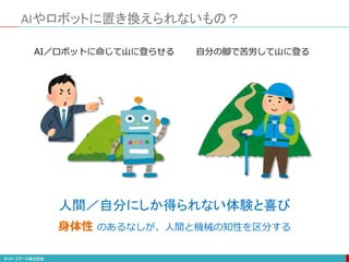 AIやロボットに置き換えられないもの？
AI／ロボットに命じて山に登らせる 自分の脚で苦労して山に登る
人間／自分にしか得られない体験と喜び
身体性 のあるなしが、人間と機械の知性を区分する
 