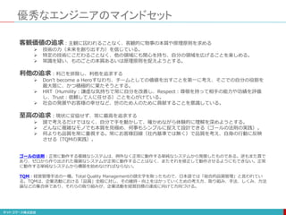 優秀なエンジニアのマインドセット
客観価値の追求：主観に囚われることなく、客観的に物事の本質や原理原則を求める
 技術の力（未来を創り出す力）を信じている。
 特定の技術にこだわることなく、他の領域にも関心を持ち、自分の領域を広げることを楽しめる。
 常識を疑い、ものごとの本質あるいは原理原則を捉えようとする。
利他の追求：利己を排除し、利他を追求する
 Don’t become a Heroすなわち、チームとしての価値を出すことを第一に考え、そこでの自分の役割を
最大限に、かつ積極的に果たそうとする。
 HRT（Humility：謙虚な気持ちで常に自分を改善し、Respect：尊敬を持って相手の能力や功績を評価
し、Trust：信頼して人に任せる）ことを心がけている。
 社会の発展やお客様の幸せなど、世のため人のために貢献することを意識している。
至高の追求：現状に妥協せず、常に最高を追求する
 頭で考えるだけではなく、自分で手を動かして、確かめながら体験的に理解を深めようとする。
 どんなに複雑なモノでも本質を見極め、何事もシンプルに捉えて設計できる（ゴールの法則の実践）。
 何よりも品質を常に重視する。常にお客様目線（社内基準では無く）で品質を考え、自身の行動に反映
させる（TQMの実践）。
ゴールの法則：正常に動作する複雑なシステムは、例外なく正常に動作する単純なシステムから発展したものである。逆もまた真で
あり、ゼロから作り出された複雑なシステムが正常に動作することはなく、またそれを修正して動作させるようにもできない。正常
に動作する単純なシステムから構築を始めなければならない。
TQM：経営管理手法の一種。Total Quality Managementの頭文字を取ったもので、日本語では「総合的品質管理」と言われてい
る。TQMは、企業活動における「品質」全般に対し、その維持・向上をはかっていくための考え方、取り組み、手法、しくみ、方法
論などの集合体であり、それらの取り組みが、企業活動を経営目標の達成に向けて方向づける。
 