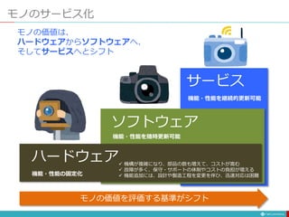 モノのサービス化
モノの価値は、
ハードウェアからソフトウェアへ、
そしてサービスへとシフト
ハードウェア
ソフトウェア
サービス
機能・性能を随時更新可能
機能・性能の固定化
機能・性能を継続的更新可能
モノの価値を評価する基準がシフト
 機構が複雑になり、部品の数も増えて、コストが嵩む
 故障が多く、保守・サポートの体制やコストの負担が増える
 機能追加には、設計や製造工程を変更を伴ひ、迅速対応は困難
 