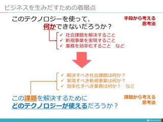 ビジネスを生みだすための着眼点
このテクノロジーを使って、
何かできないだろうか？
 社会課題を解決すること
 新規事業を実現すること
 業務を効率化すること など
この課題を解決するために
どのテクノロジーが使えるだろうか？
 解決すべき社会課題は何か？
 実現すべき新規事業は何か？
 効率化すべき業務は何か？ など
手段から考える
思考法
課題から考える
思考法
 
