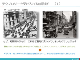 テクノロジーを受け入れる前提条件 （１）
289
1900 1913
米・ニューヨーク 五番街
なぜ、短期間のうちに、これほど劇的に変わってしまったのでしょうか？
製品：新しい技術を使い馬車をしのぐ利便性とコスト・パフォーマンスが実現できたから
インフラ：既に馬車のための道路が整備されていて、そのまま自動車の通行に使えたから
 