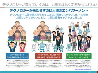 テクノロジーが奪っていくのは、労働ではなく定年かもしれない
7
http://ranq-media.com/articles/590
テクノロジーがもたらすのは人間のエンパワーメント
テクノロジーに置き換えらられることは、徹底してテクノロジーに任せ
人間にしかできないことに、人間の役割をシフトさせること
 