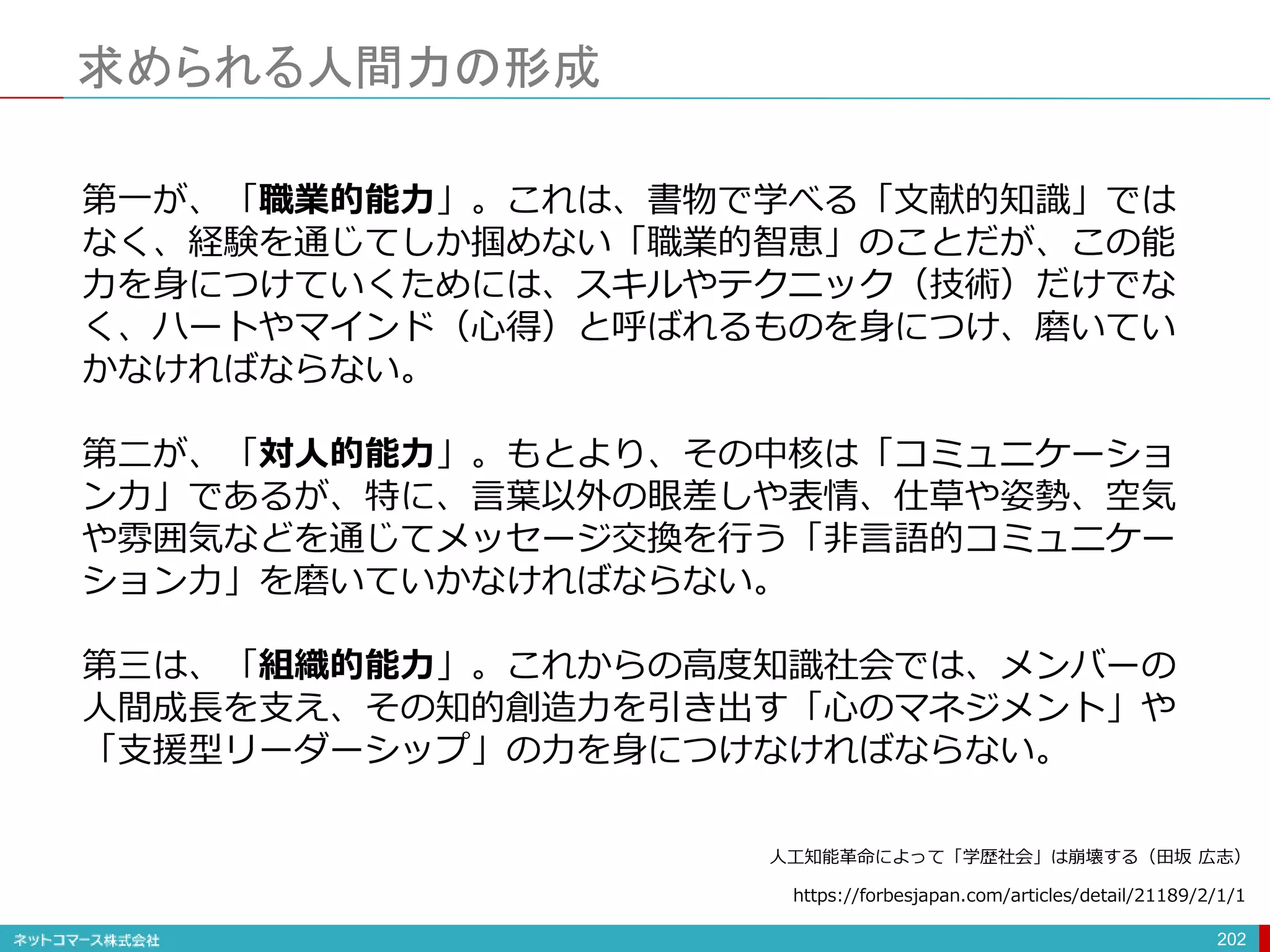 求められる人間力の形成
202
第一が、「職業的能力」。これは、書物で学べる「文献的知識」では
なく、経験を通じてしか掴めない「職業的智恵」のことだが、この能
力を身につけていくためには、スキルやテクニック（技術）だけでな
く、ハートやマインド（心得）と呼ばれるものを身につけ、磨いてい
かなければならない。
第二が、「対人的能力」。もとより、その中核は「コミュニケーショ
ン力」であるが、特に、言葉以外の眼差しや表情、仕草や姿勢、空気
や雰囲気などを通じてメッセージ交換を行う「非言語的コミュニケー
ション力」を磨いていかなければならない。
第三は、「組織的能力」。これからの高度知識社会では、メンバーの
人間成長を支え、その知的創造力を引き出す「心のマネジメント」や
「支援型リーダーシップ」の力を身につけなければならない。
人工知能革命によって「学歴社会」は崩壊する（田坂 広志）
https://forbesjapan.com/articles/detail/21189/2/1/1
 