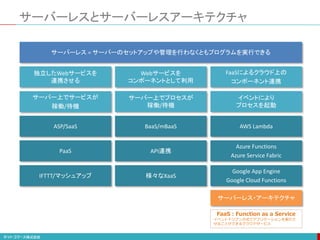サーバーレスとサーバーレスアーキテクチャ
サーバーレス = サーバーのセットアップや管理を行わなくともプログラムを実行できる
独立したWebサービスを
連携させる
Webサービスを
コンポーネントとして利用
FaaSによるクラウド上の
コンポーネント連携
AWS Lambda
Azure Functions
Azure Service Fabric
Google App Engine
Google Cloud Functions
サーバー上でプロセスが
稼働/待機
イベントにより
プロセスを起動
サーバー上でサービスが
稼働/待機
BaaS/mBaaS
API連携
様々なXaaS
ASP/SaaS
PaaS
IFTTT/マッシュアップ
サーバーレス・アーキテクチャ
FaaS：Function as a Service
イベントドリブン方式でアプリケーションを実行さ
せることができるクラウドサービス
 