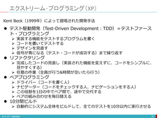 エクストリーム･プログラミング（XP）
61
 テスト駆動開発（Test-Driven Development：TDD）＝テストファース
ト・プログラミング
 実装する機能をテストするプログラムを書く
 コードを書いてテストする
 デザインを見直す
 信号が青になる（テスト・コードが成功する）まで繰り返す
 リファクタリング
 完成したコードの見直し（実装された機能を変えずに、コードをシンプルに、
見やすくする）
 任意の作業（全員が行う&時間が空いたら行う）
 ペアプログラミング
 ドライバー（コードを書く人）
 ナビゲーター（コードをチェックする人、ナビゲーションをする人）
 この役割を1日の中でペア間で、途中で交代する
 ペアの組み合わせを毎日替える
 10分間ビルド
 自動的にシステム全体をビルドして、全てのテストを10分以内に実行させる
Kent Beck（1999年）によって提唱された開発手法
 