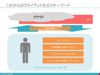 ＡＩ
アンビエント・コンピューティング
これからのクライアントを占うキーワード
ウェアラブル/VR/AR/MR
音声認識/合成デバイス
ビーコン/RFID/各種センサー (IoT)
クラウド
スマートフォン
5G/LPWA
 