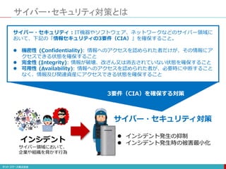 サイバー・セキュリティ対策とは
サイバー・セキュリティ：IT機器やソフトウェア、ネットワークなどのサイバー領域に
おいて、下記の「情報セキュリティの3要件（CIA）」を確保すること。
 機密性 (Confidentiality): 情報へのアクセスを認められた者だけが、その情報にア
クセスできる状態を確保すること
 完全性 (Integrity): 情報が破壊、改ざん又は消去されていない状態を確保すること
 可用性 (Availability): 情報へのアクセスを認められた者が、必要時に中断すること
なく、情報及び関連資産にアクセスできる状態を確保すること
 インシデント発生の抑制
 インシデント発生時の被害最小化
インシデント
サイバー領域において、
企業や組織を脅かす行為
サイバー・セキュリティ対策
3要件（CIA）を確保する対策
 