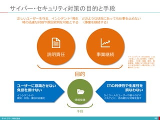 サイバー・セキュリティ対策の目的と手段
99
説明責任 事業継続
目的
どのような状況にあっても仕事を止めない
（事業を継続する）
正しいユーザーを守る、インシデント＊発生
時の迅速な対処や原因究明を可能とする
情報保護
手段
ユーザーに意識させない
負担を掛けない
インシデントの
検知・対処・復旧の自動化
ITの利便性や生産性を
損なわない
ひとり一人のユーザーや個々のデバ
イスごとに、きめ細かな対策を施す
＊インシデント（Incident）とは
「好ましくない出来事」「事件」
の意味。「中断・阻害、損失、緊
急事態、危機になり得るまたはそ
れらを引き起こし得る状況」と定
義されている。
 