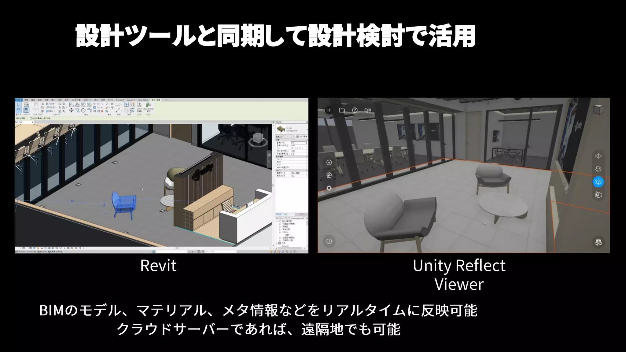 設計ツールと同期して設計検討で活用
Revit Unity Reflect
Viewer
 