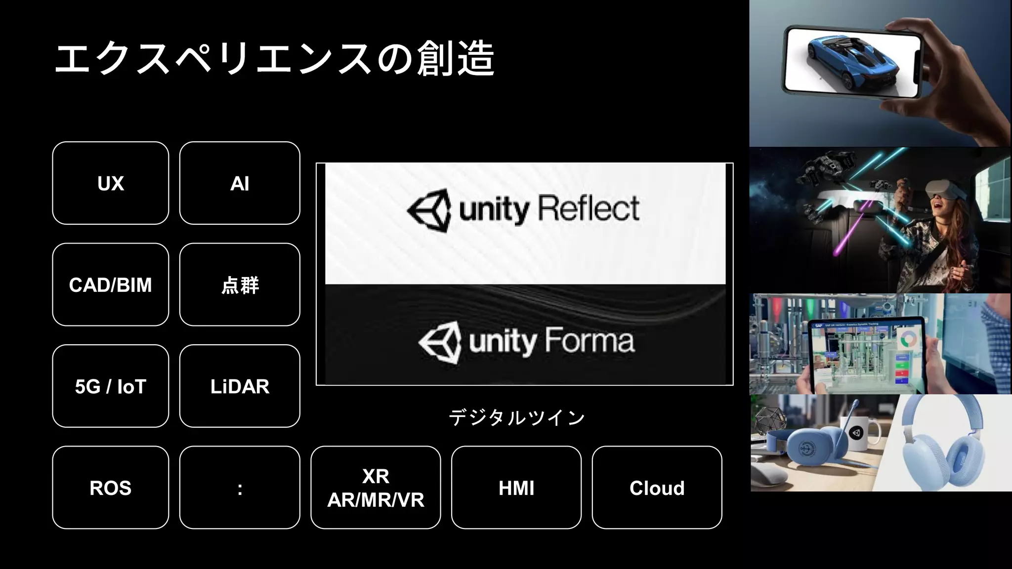 CAD/BIM
UX
5G / IoT
ROS
AI
点群
LiDAR
Cloud
:
XR
AR/MR/VR
HMI
デジタルツイン
 