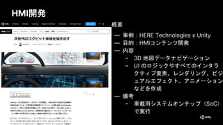 HMI開発
概要
— 事例：HERE Technologies x Unity
— 目的：HMIコンテンツ開発
— 内容
– 3D 地図データナビゲーション
– UI のロジックやすべてのインタラ
クティブ要素、レンダリング、ビジ
ュアルエフェクト、アニメーション
などを作成
— 備考
– 車載用システムオンチップ（SoC）
で実行
 
