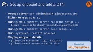 Set up endpoint and add a DTN
• Access server: ssh adminN@apsN.globusdemo.org
• Switch to root: sudo su
• Run: globus-connect-server endpoint setup ...
– Ensure --owner is the identity you used to register the GCS
• Run: globus-connect-server node setup ...
• Run: systemctl restart apache2
• Display endpoint details:
– globus-connect-server login localhost
– globus-connect-server endpoint show Cheatsheet
bit.ly/apsglobus
 