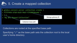 5. Create a mapped collection
$ globus-connect-server collection create 
> f77ff456-1f18-41d3-94a7-f3fd8858ea4d 
> / 
> "My APS Mapped Collection"
Collections are rooted at the specified base path
Specifying "/" as the base path sets the collection root to the local
user’s home directory
Storage gateway ID
Collection base path
 
