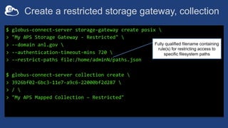 Create a restricted storage gateway, collection
$ globus-connect-server storage-gateway create posix 
> "My APS Storage Gateway - Restricted" 
> --domain anl.gov 
> --authentication-timeout-mins 720 
> --restrict-paths file:/home/adminN/paths.json
$ globus-connect-server collection create 
> 3926bf02-6bc3-11e7-a9c6-22000bf2d287 
> / 
> "My APS Mapped Collection – Restricted"
Fully qualified filename containing
rule(s) for restricting access to
specific filesystem paths
 