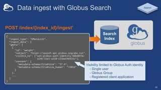 Data ingest with Globus Search
29
Search
Index
POST /index/{index_id}/ingest'
Search
{
"ingest_type": "GMetaList",
"ingest_data": {
"gmeta": [
{
"id": ”weight",
"subject": "https://search.api.globus.org/abc.txt",
"visible_to": ["urn:globus:auth:identity:46bd0f56-
e24f-11e5-a510-131bef46955c"],
"content": {
"metadata-schema/file#size": ”37.6",
"metadata-schema/file#size_human": ”<50lb”
}
},
...
]
}
Visibility limited to Globus Auth identity
- Single user
- Globus Group
- Registered client application
 